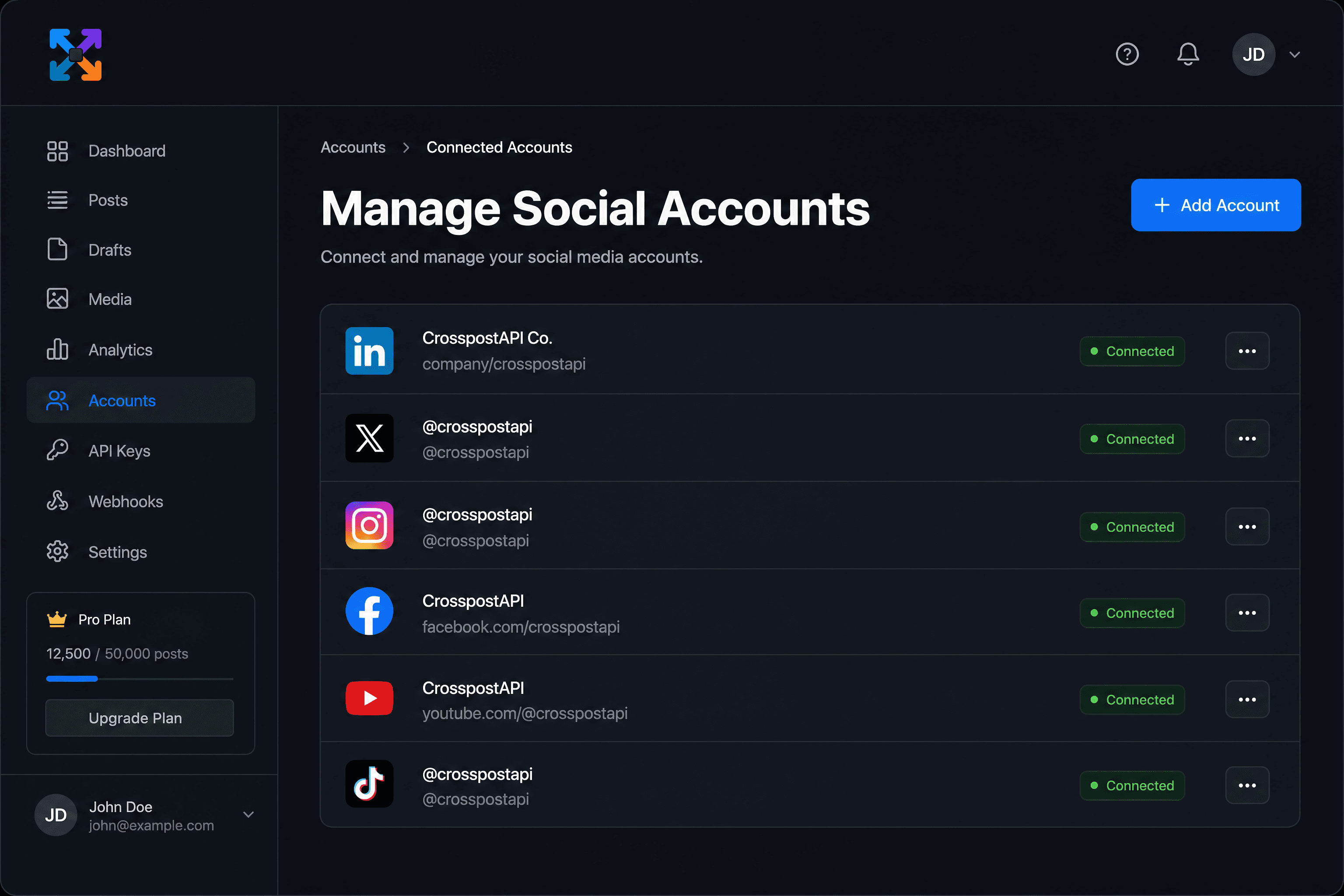 Managing connected social media accounts within the CrosspostAPI application.